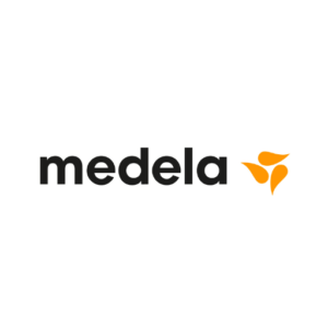 Logotipo de la marca de extractores de leche Medela. Nombre de la marca escrito en letras negras, seguido por un símbolo con forma de 3 gotas de color naranjo.